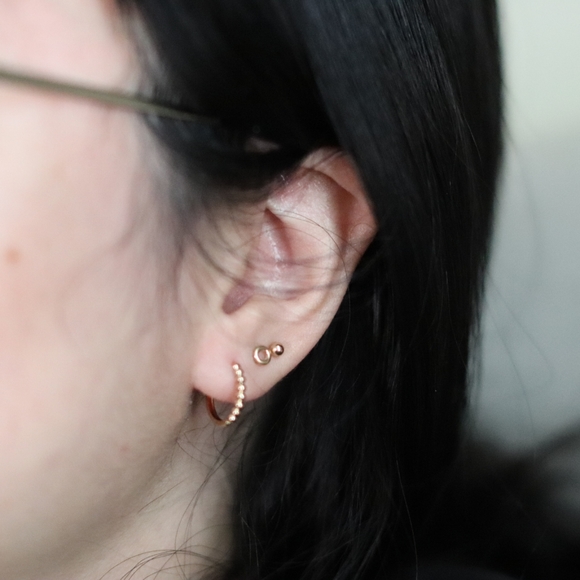 14k small gold beaded hoop earrings - Picture 2 of 4